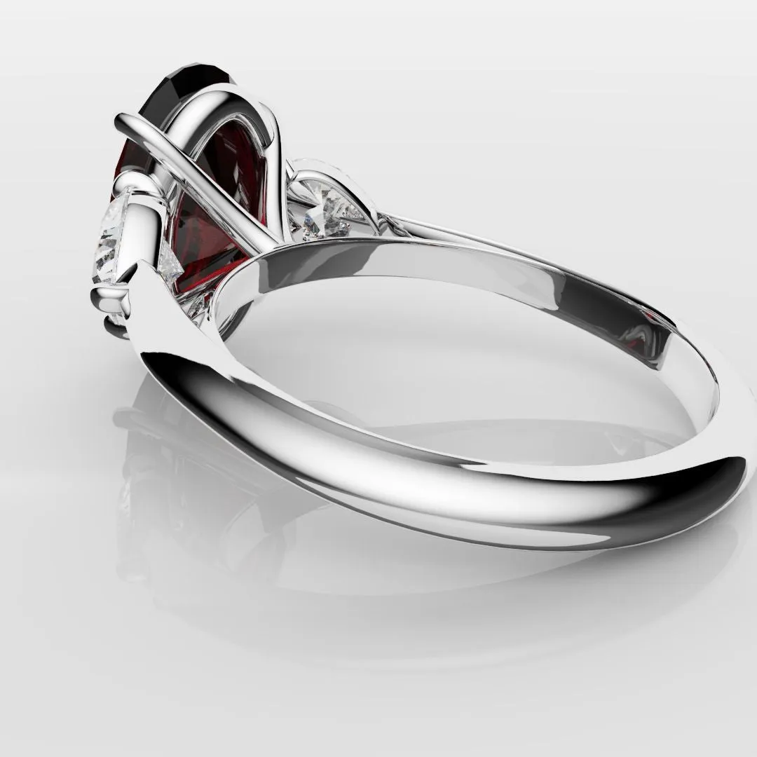 Oval Ruby and Heart Diamond Trilogy Engagement Ring