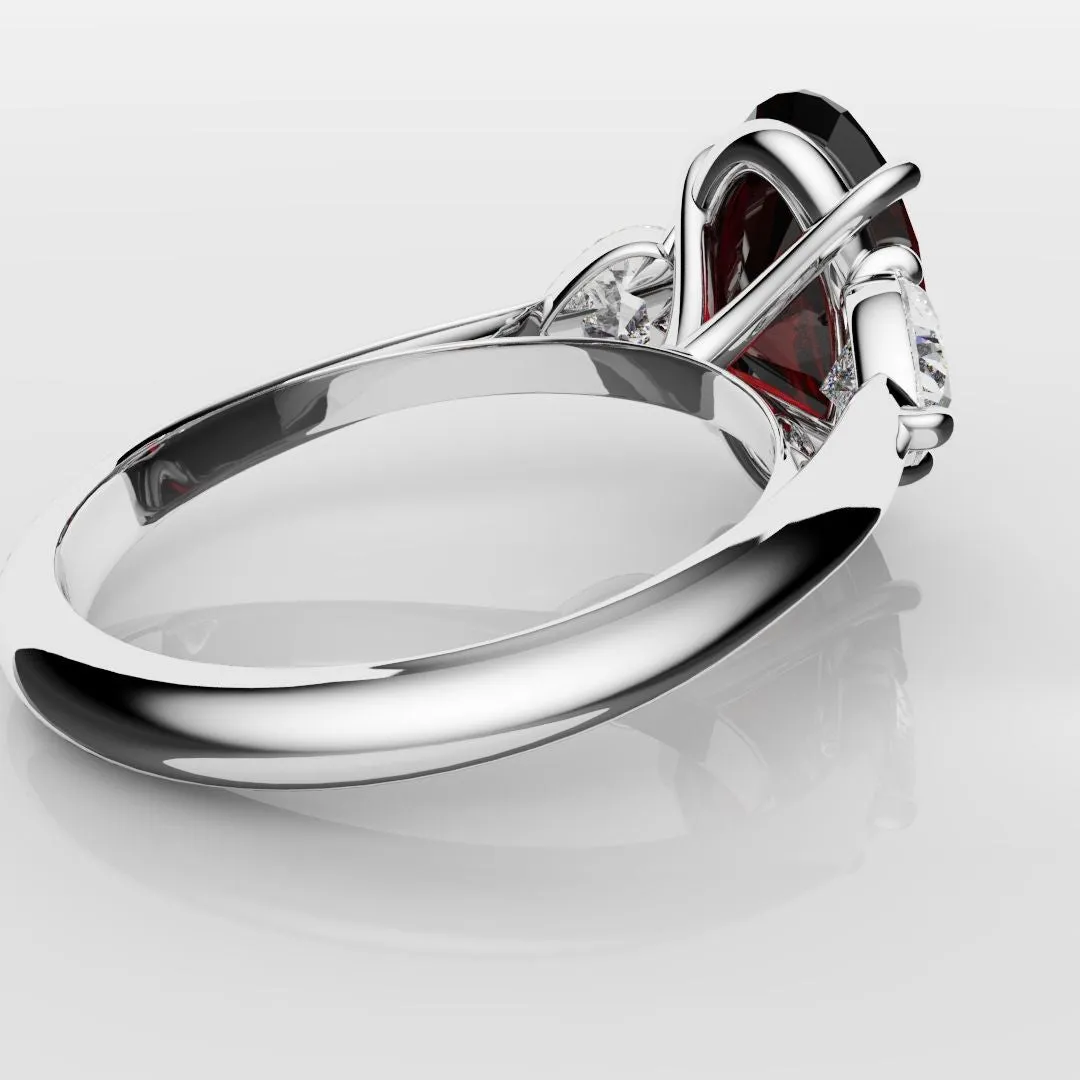 Oval Ruby and Heart Diamond Trilogy Engagement Ring