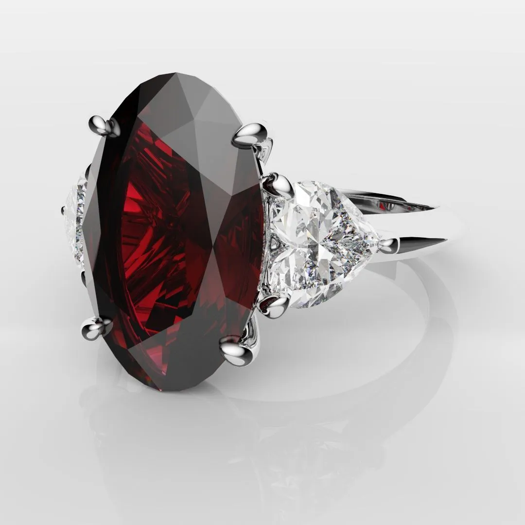 Oval Ruby and Heart Diamond Trilogy Engagement Ring
