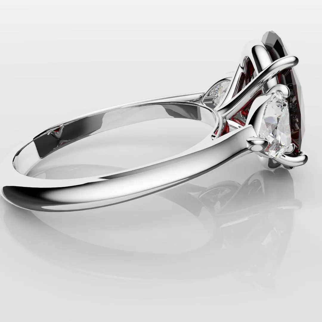 Oval Ruby and Heart Diamond Trilogy Engagement Ring