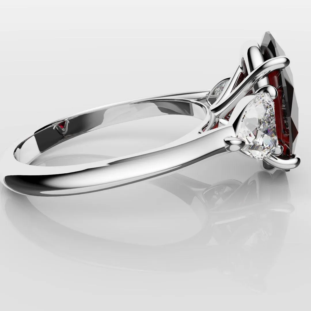 Oval Ruby and Heart Diamond Trilogy Engagement Ring