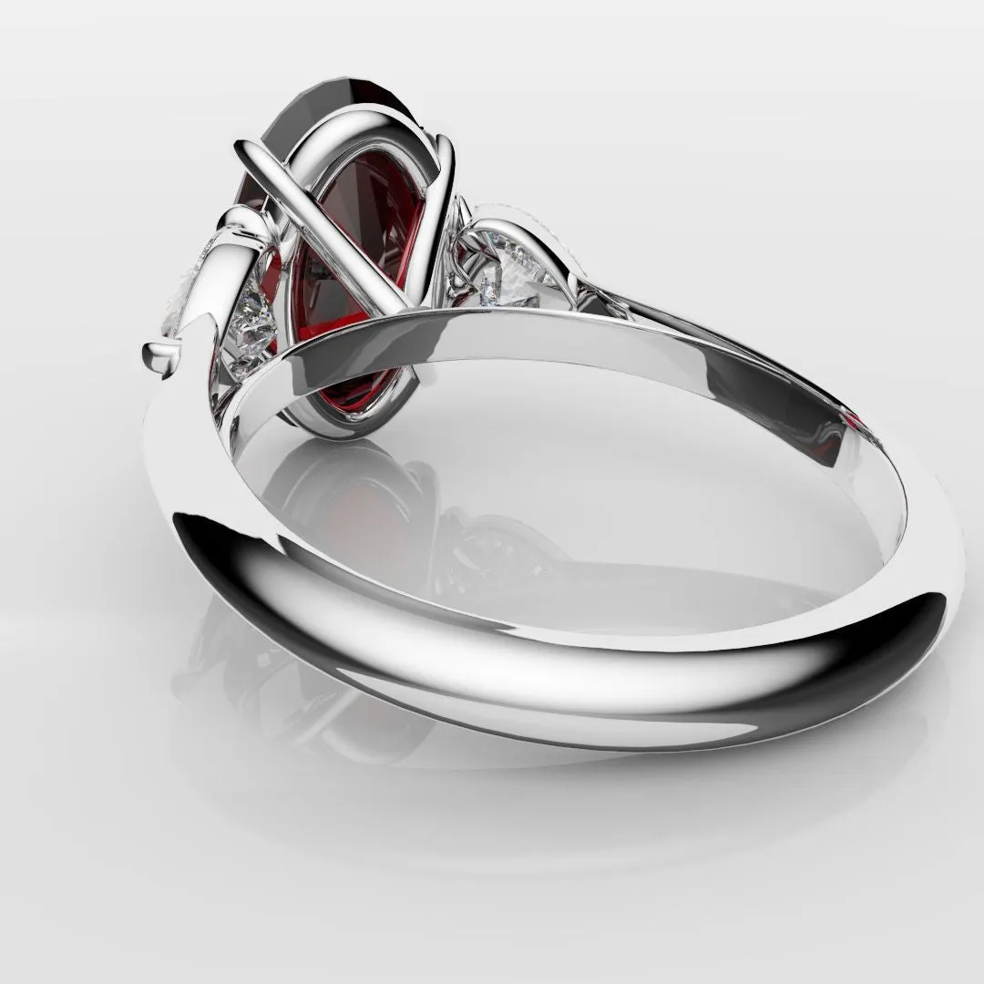 Oval Ruby and Heart Diamond Trilogy Engagement Ring