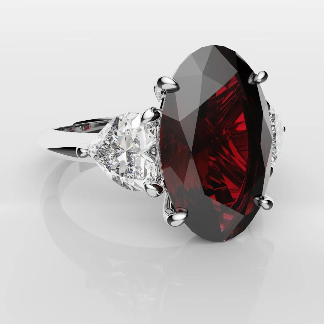 Oval Ruby and Heart Diamond Trilogy Engagement Ring