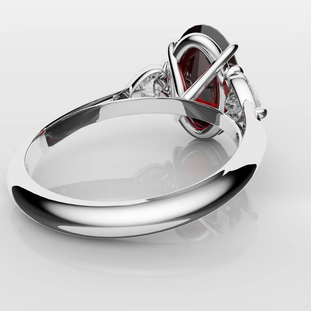 Oval Ruby and Heart Diamond Trilogy Engagement Ring