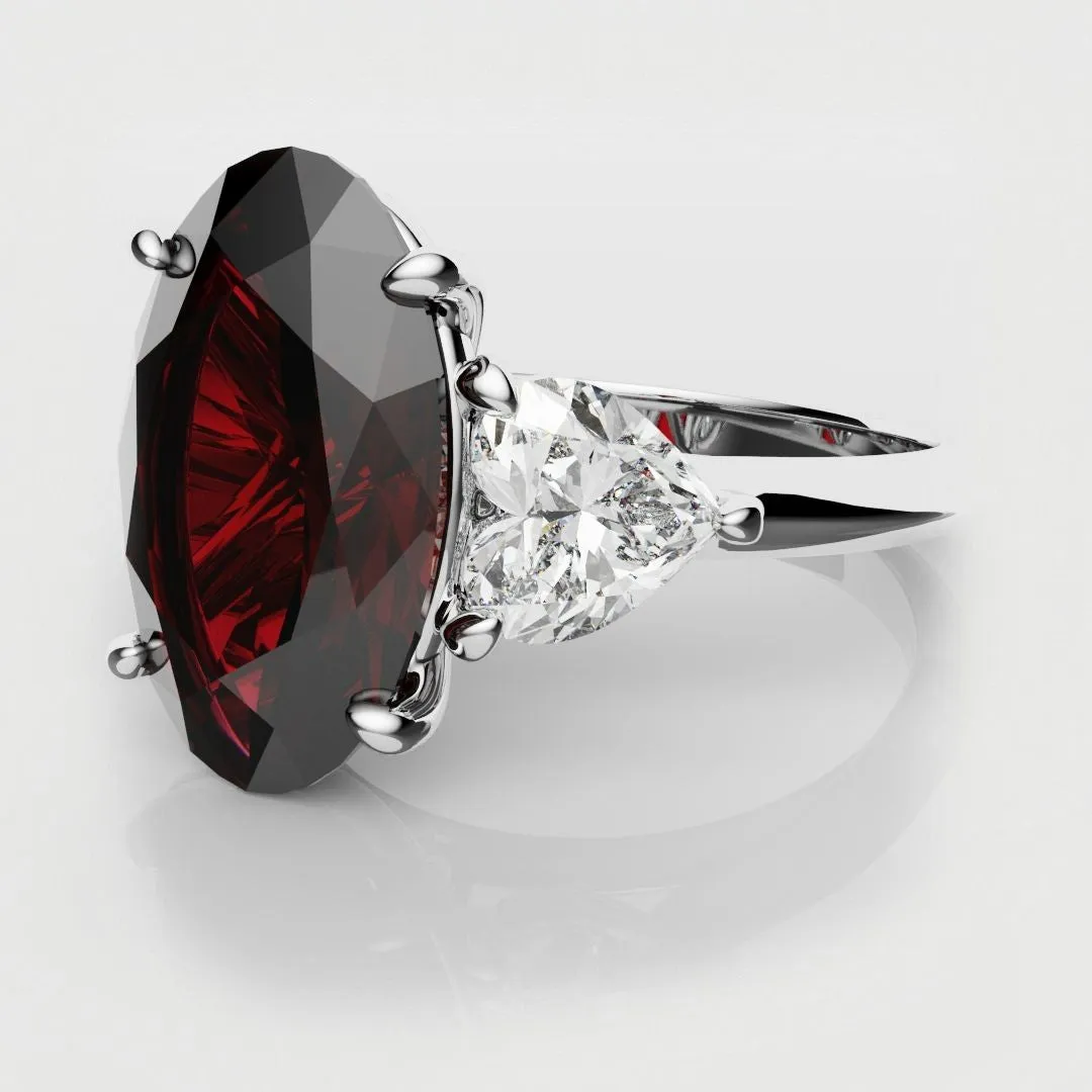 Oval Ruby and Heart Diamond Trilogy Engagement Ring