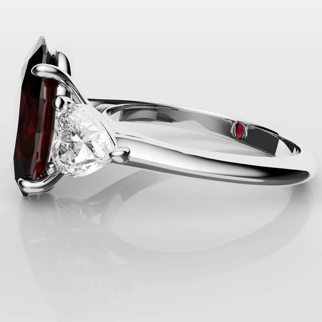 Oval Ruby and Heart Diamond Trilogy Engagement Ring