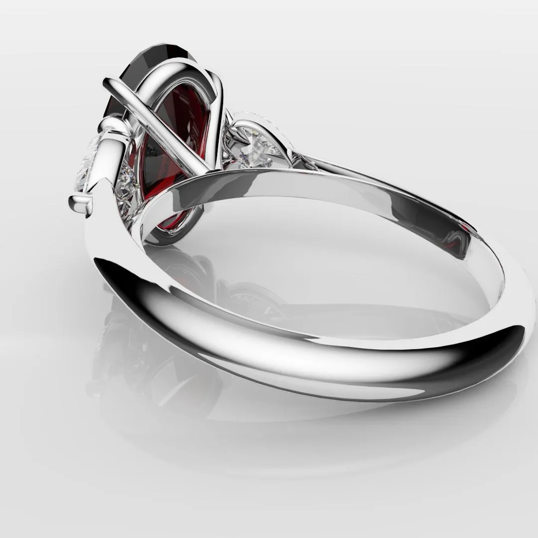 Oval Ruby and Heart Diamond Trilogy Engagement Ring