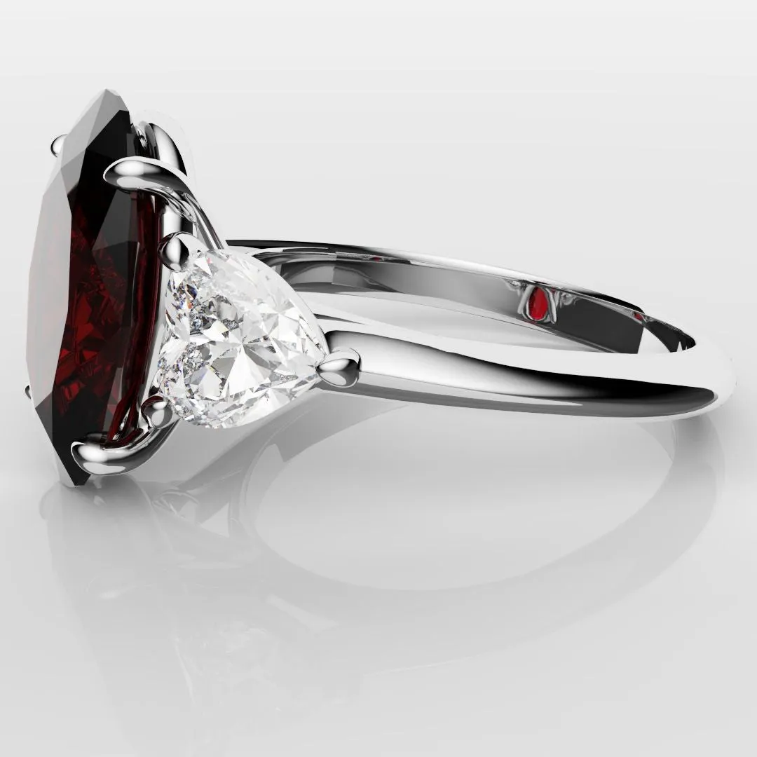 Oval Ruby and Heart Diamond Trilogy Engagement Ring