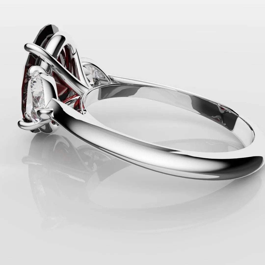 Oval Ruby and Heart Diamond Trilogy Engagement Ring
