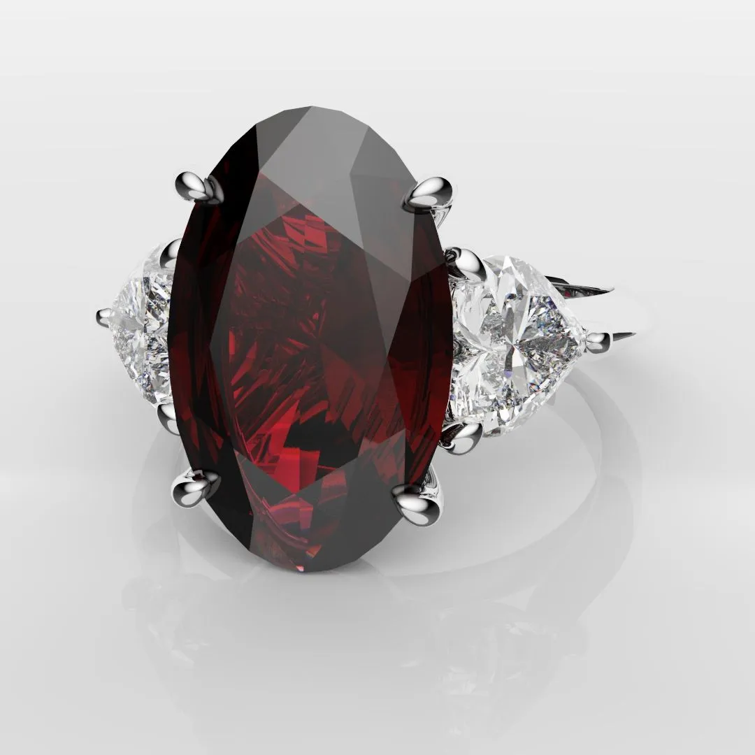 Oval Ruby and Heart Diamond Trilogy Engagement Ring