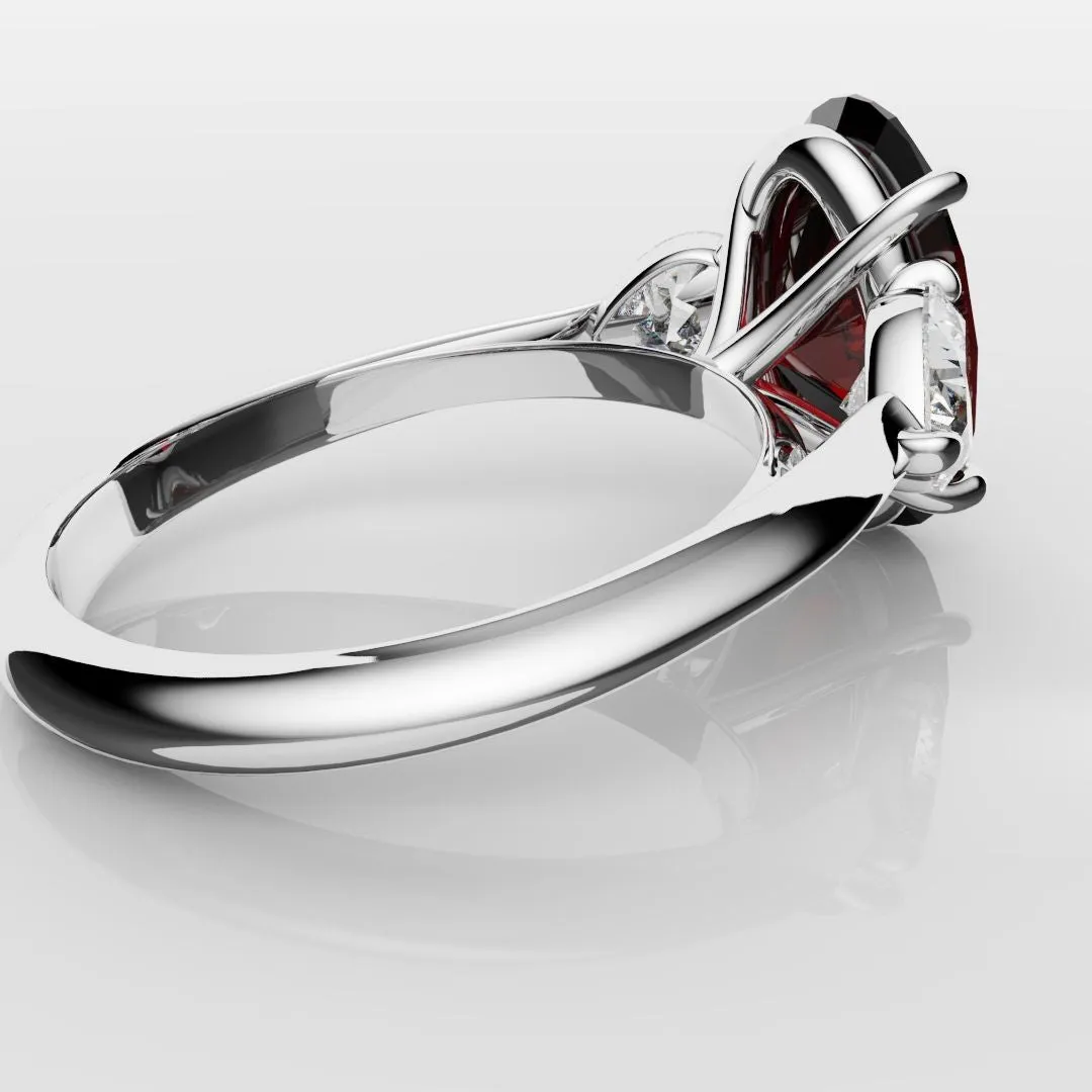 Oval Ruby and Heart Diamond Trilogy Engagement Ring