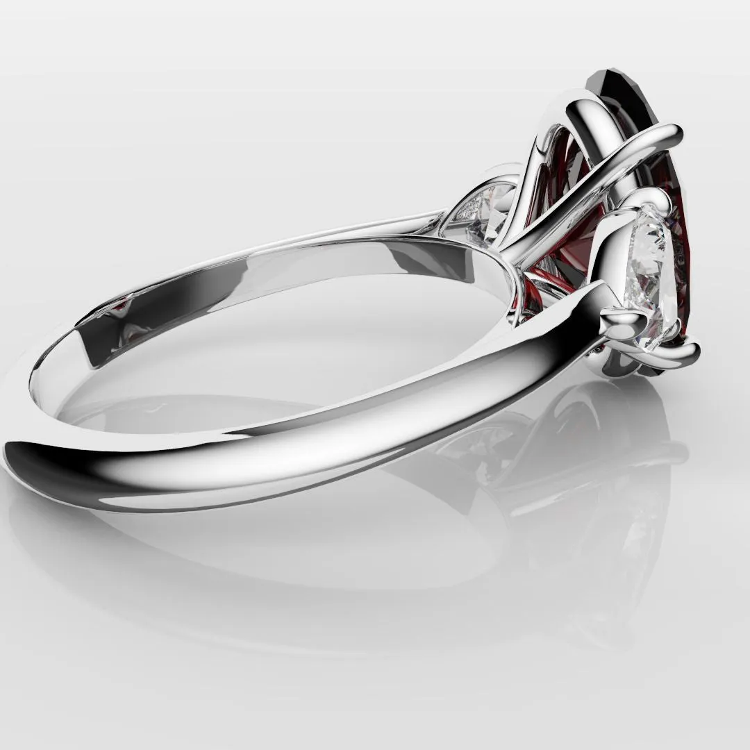Oval Ruby and Heart Diamond Trilogy Engagement Ring