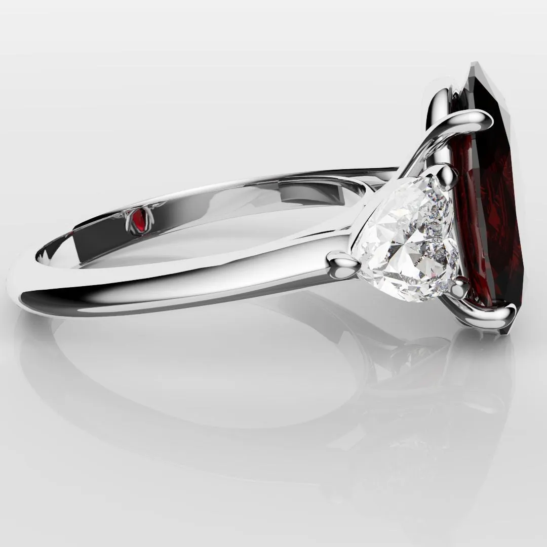 Oval Ruby and Heart Diamond Trilogy Engagement Ring