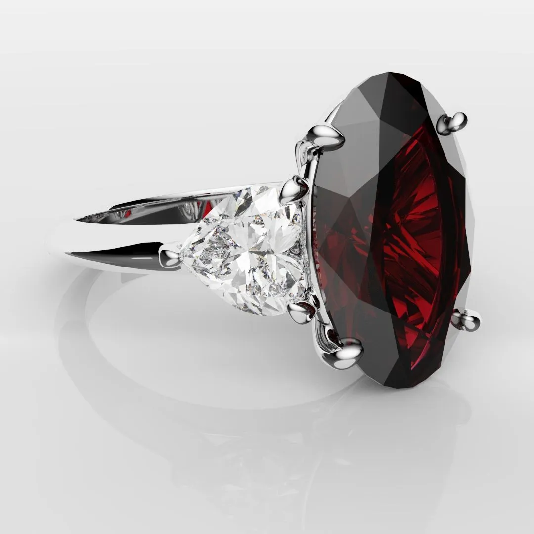 Oval Ruby and Heart Diamond Trilogy Engagement Ring