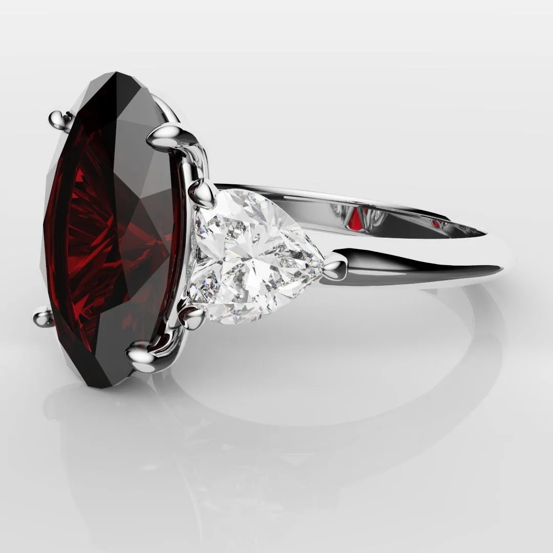 Oval Ruby and Heart Diamond Trilogy Engagement Ring