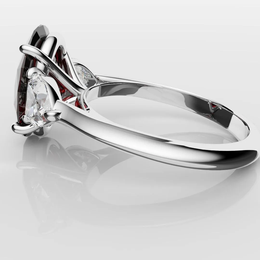 Oval Ruby and Heart Diamond Trilogy Engagement Ring