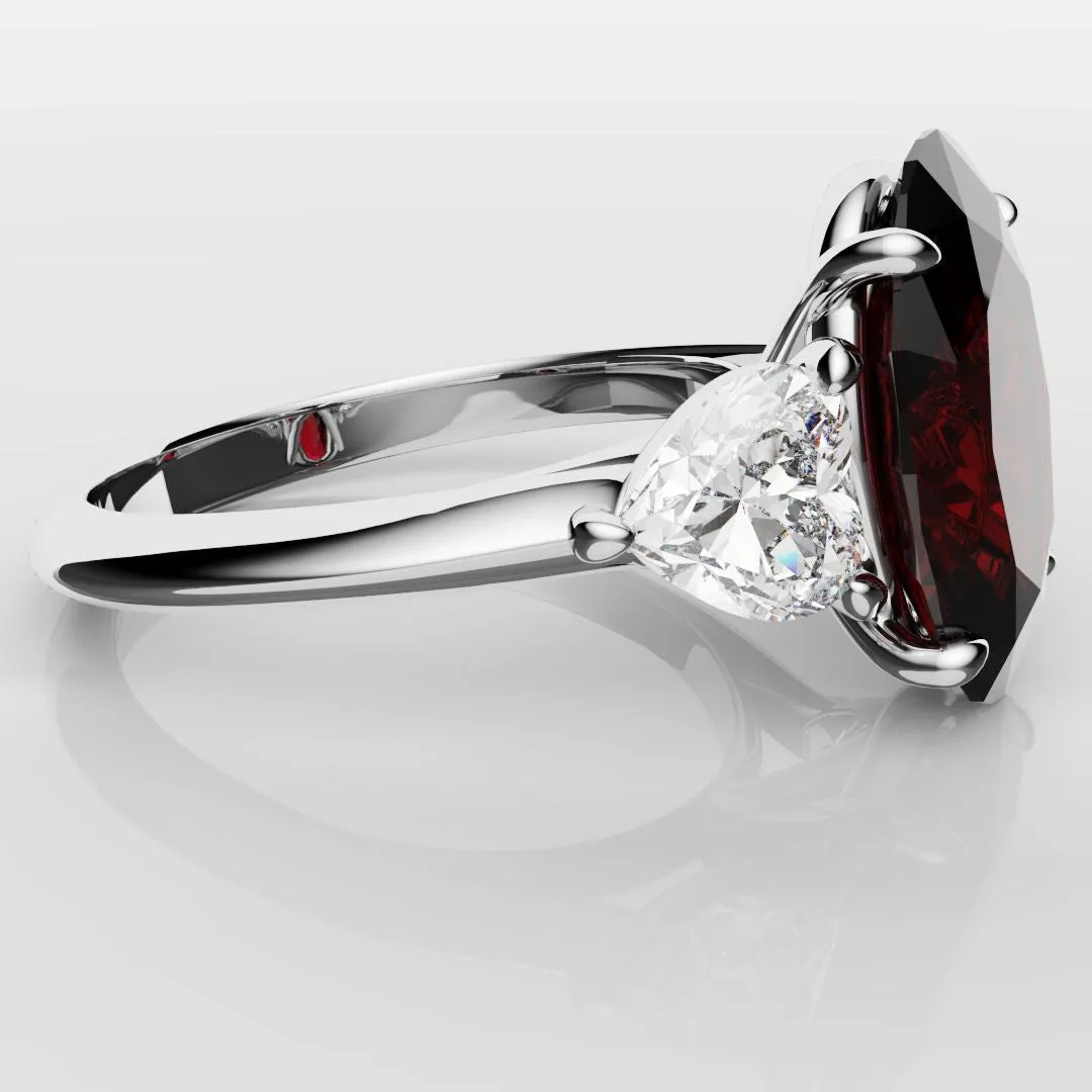 Oval Ruby and Heart Diamond Trilogy Engagement Ring