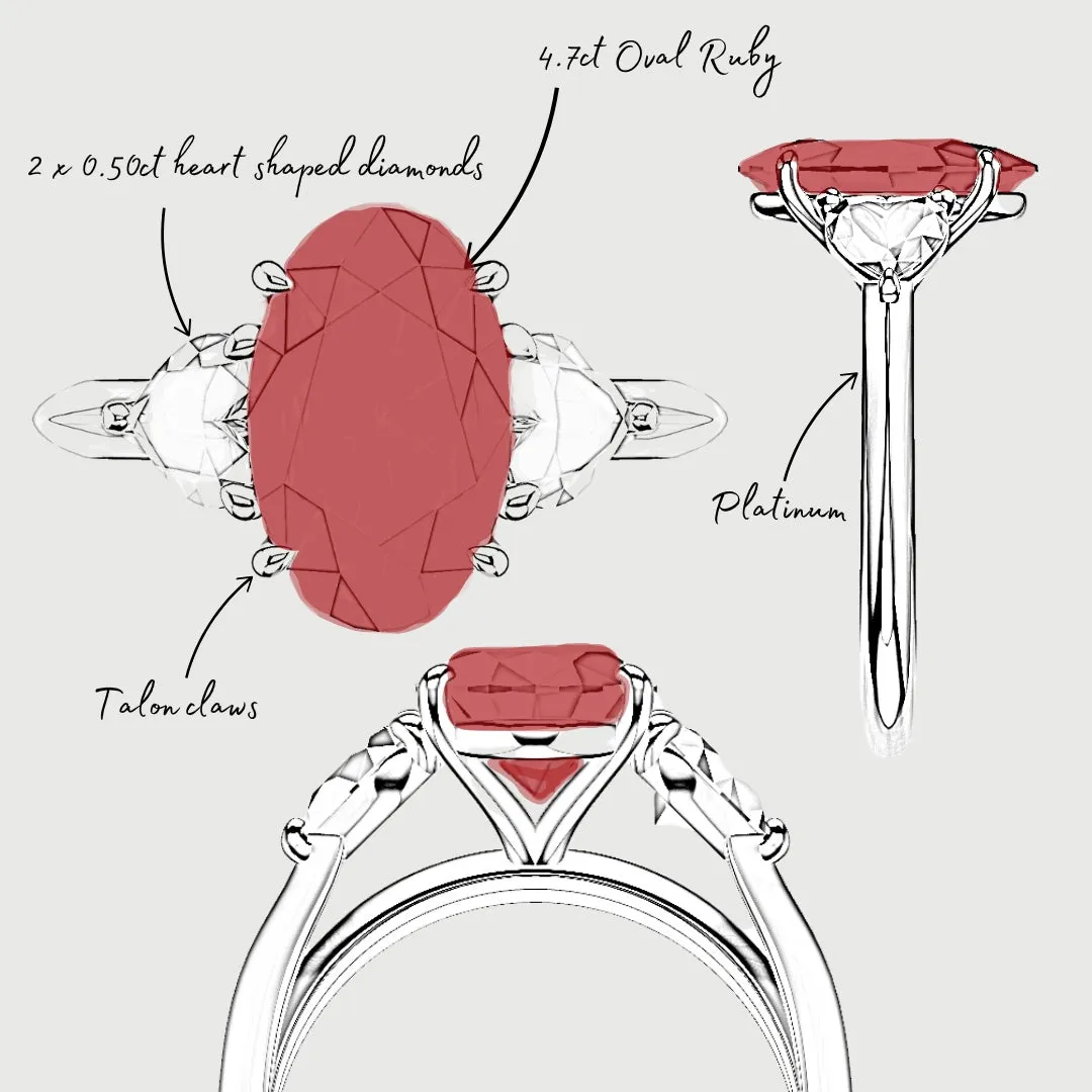 Oval Ruby and Heart Diamond Trilogy Engagement Ring