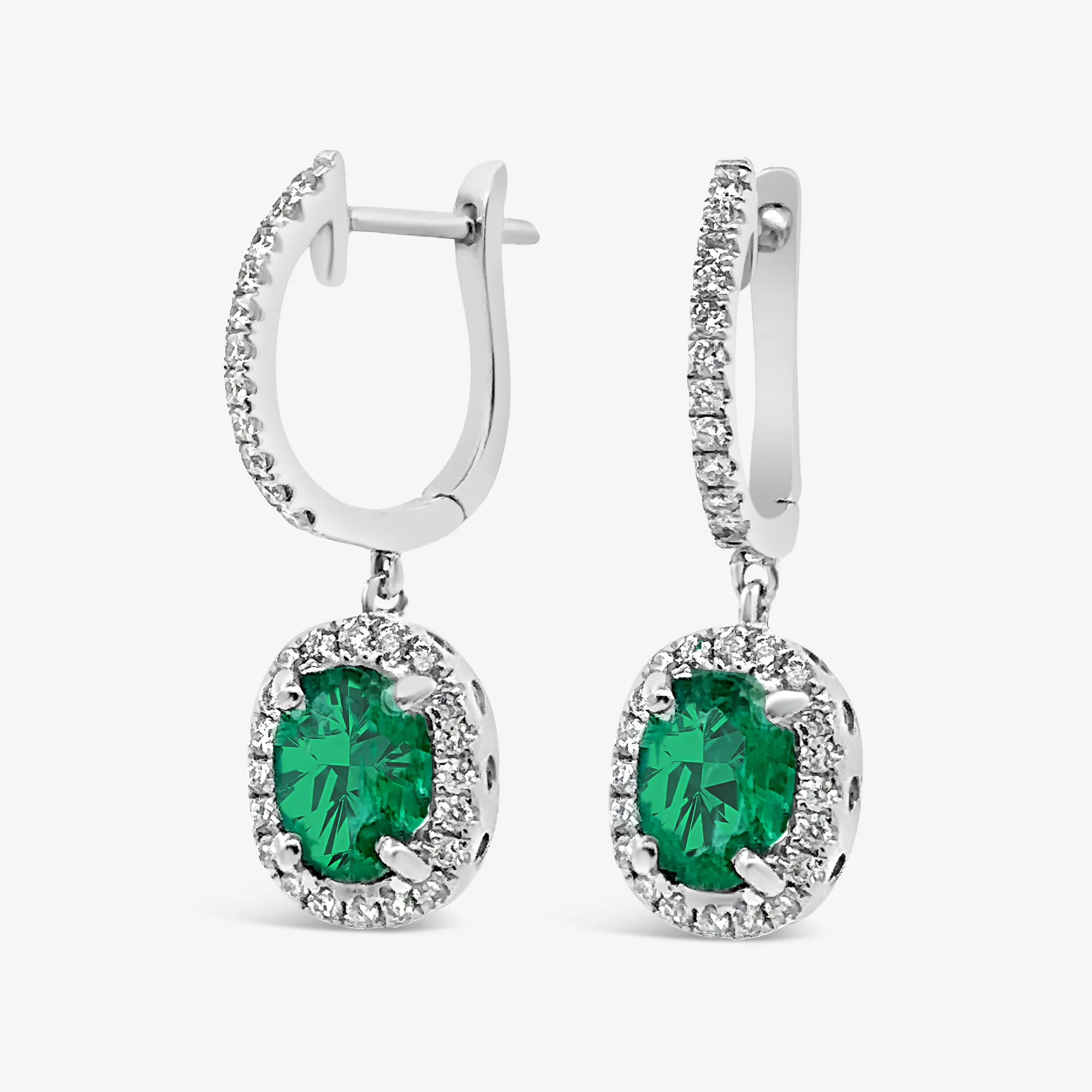 Oval Shaped Emerald & Diamond Dangle Earrings