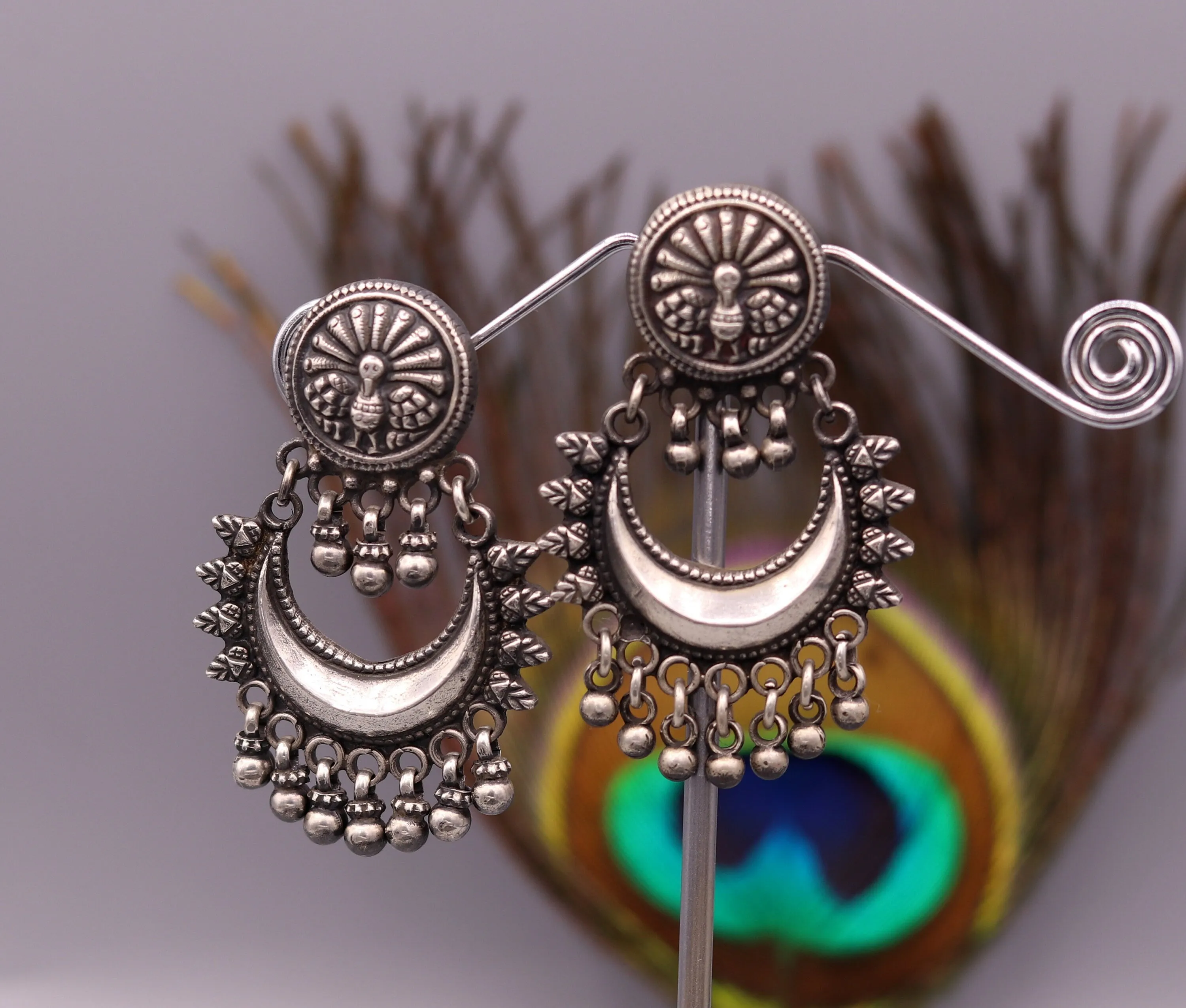 Oxidized 925 sterling silver tribal Earrings,half moon earrings, stud earring hanging bells, drop dangle jewelry wedding party jewelry s380