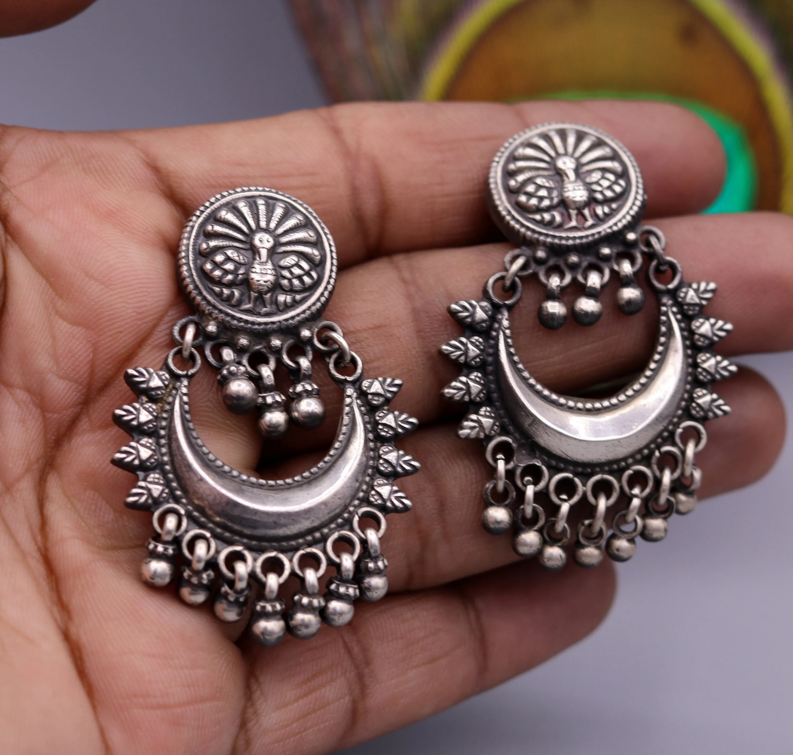 Oxidized 925 sterling silver tribal Earrings,half moon earrings, stud earring hanging bells, drop dangle jewelry wedding party jewelry s380