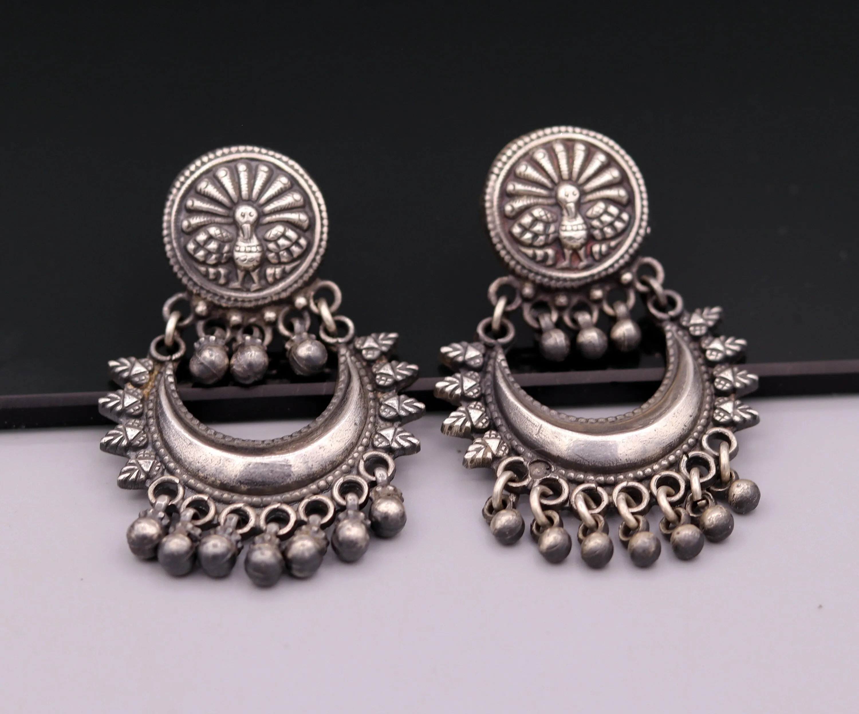 Oxidized 925 sterling silver tribal Earrings,half moon earrings, stud earring hanging bells, drop dangle jewelry wedding party jewelry s380