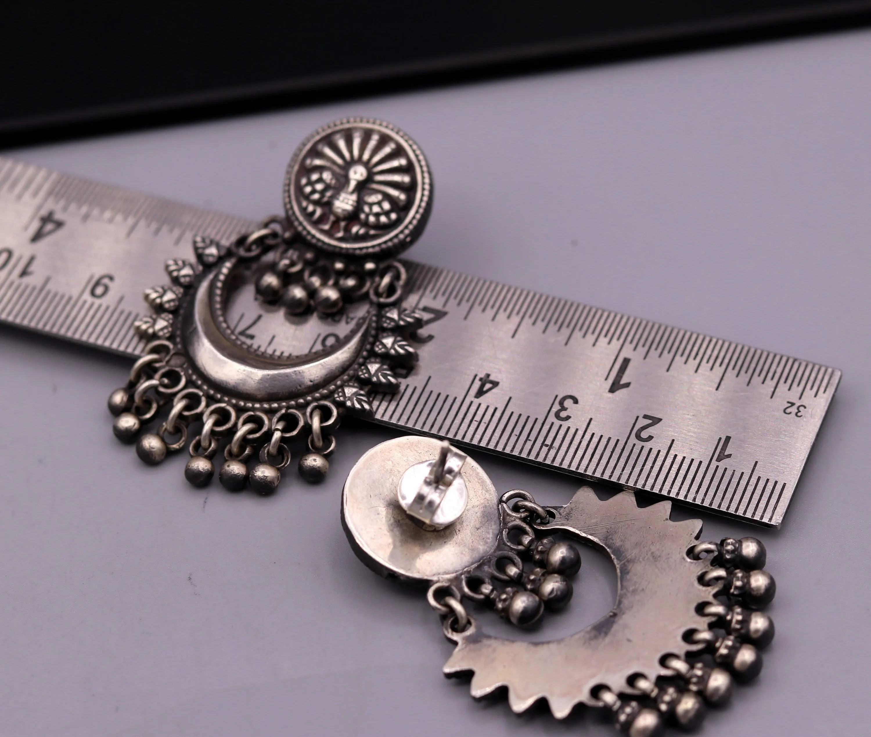 Oxidized 925 sterling silver tribal Earrings,half moon earrings, stud earring hanging bells, drop dangle jewelry wedding party jewelry s380