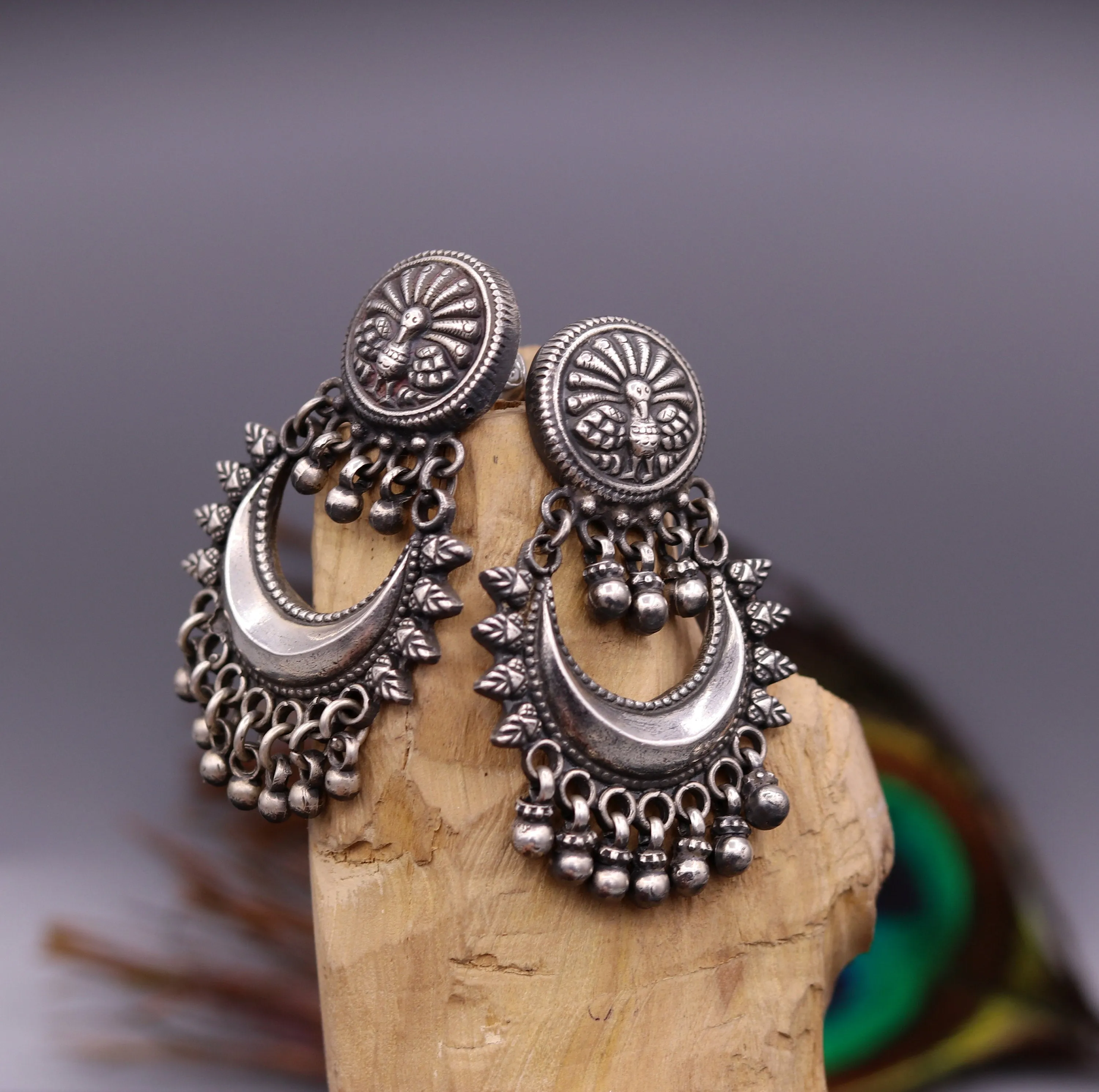 Oxidized 925 sterling silver tribal Earrings,half moon earrings, stud earring hanging bells, drop dangle jewelry wedding party jewelry s380