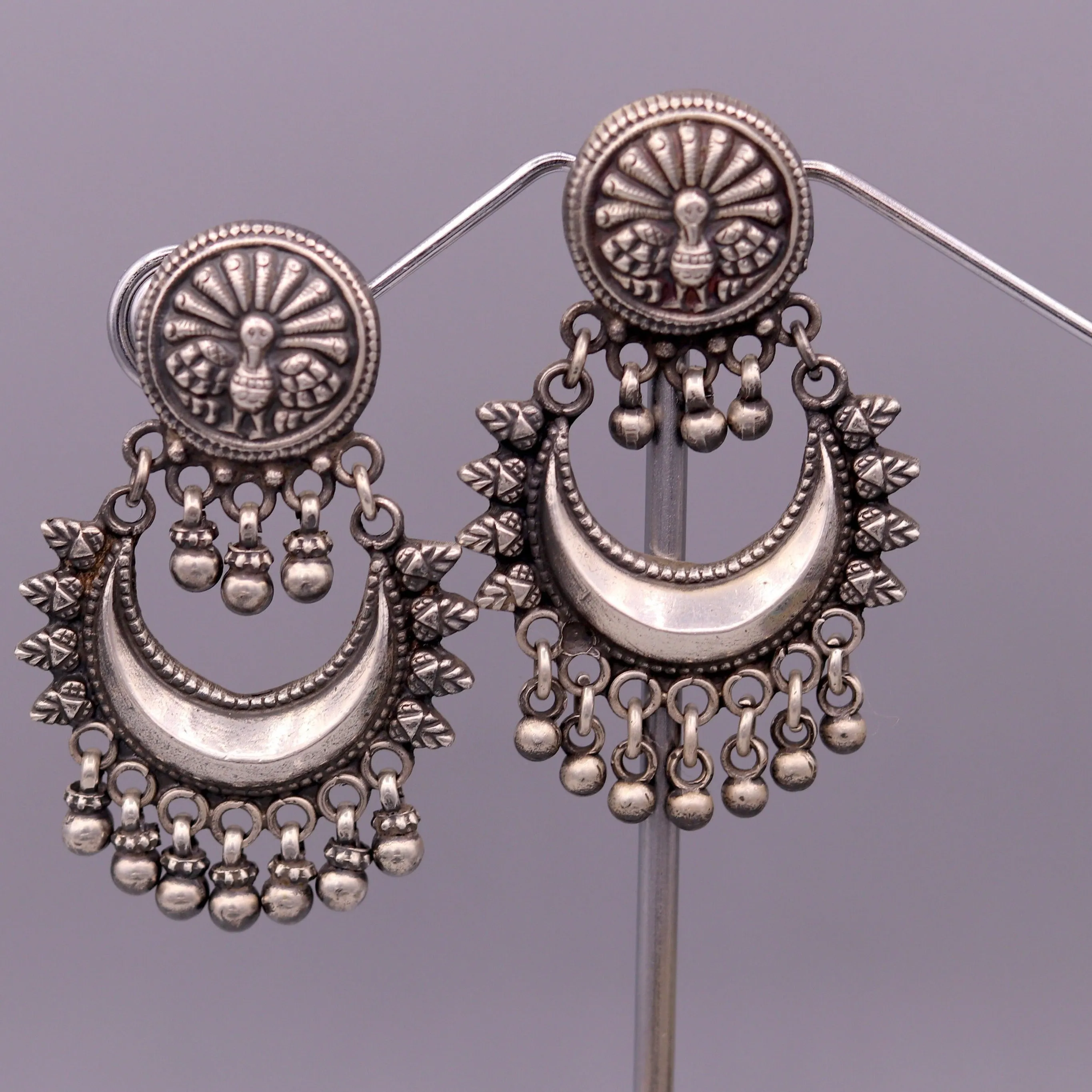 Oxidized 925 sterling silver tribal Earrings,half moon earrings, stud earring hanging bells, drop dangle jewelry wedding party jewelry s380