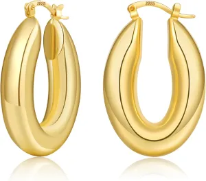 PABBEU Chunky Silver Hoops Earrings for Women, Hypoallergenic Lightweight 925 Sterling Silver Oval Hoop Earring, Sterling Silver Thick Hoop Earrings for Women 30/40/50mm