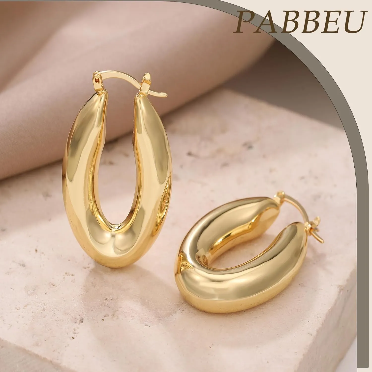PABBEU Chunky Silver Hoops Earrings for Women, Hypoallergenic Lightweight 925 Sterling Silver Oval Hoop Earring, Sterling Silver Thick Hoop Earrings for Women 30/40/50mm