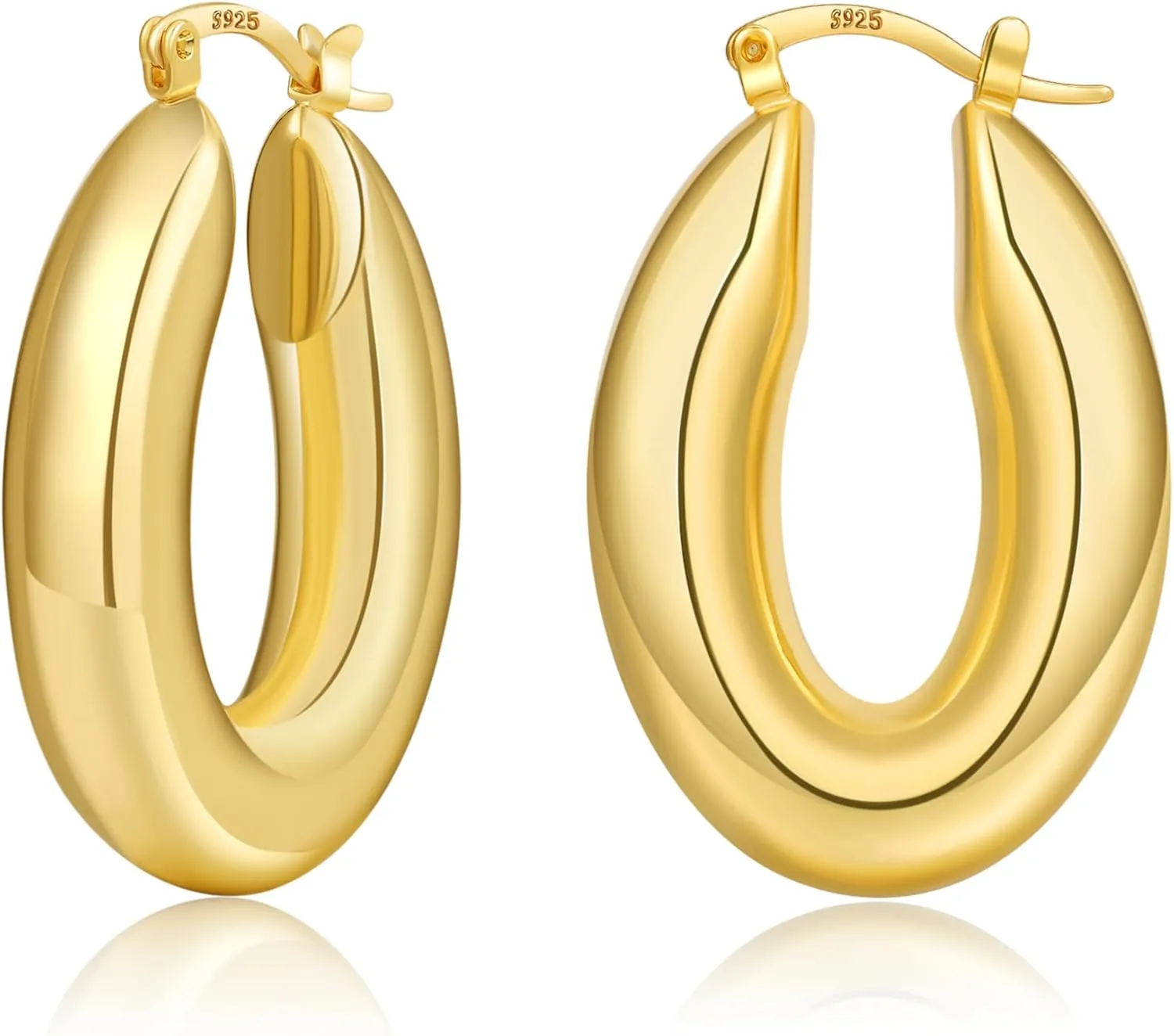 PABBEU Chunky Silver Hoops Earrings for Women, Hypoallergenic Lightweight 925 Sterling Silver Oval Hoop Earring, Sterling Silver Thick Hoop Earrings for Women 30/40/50mm