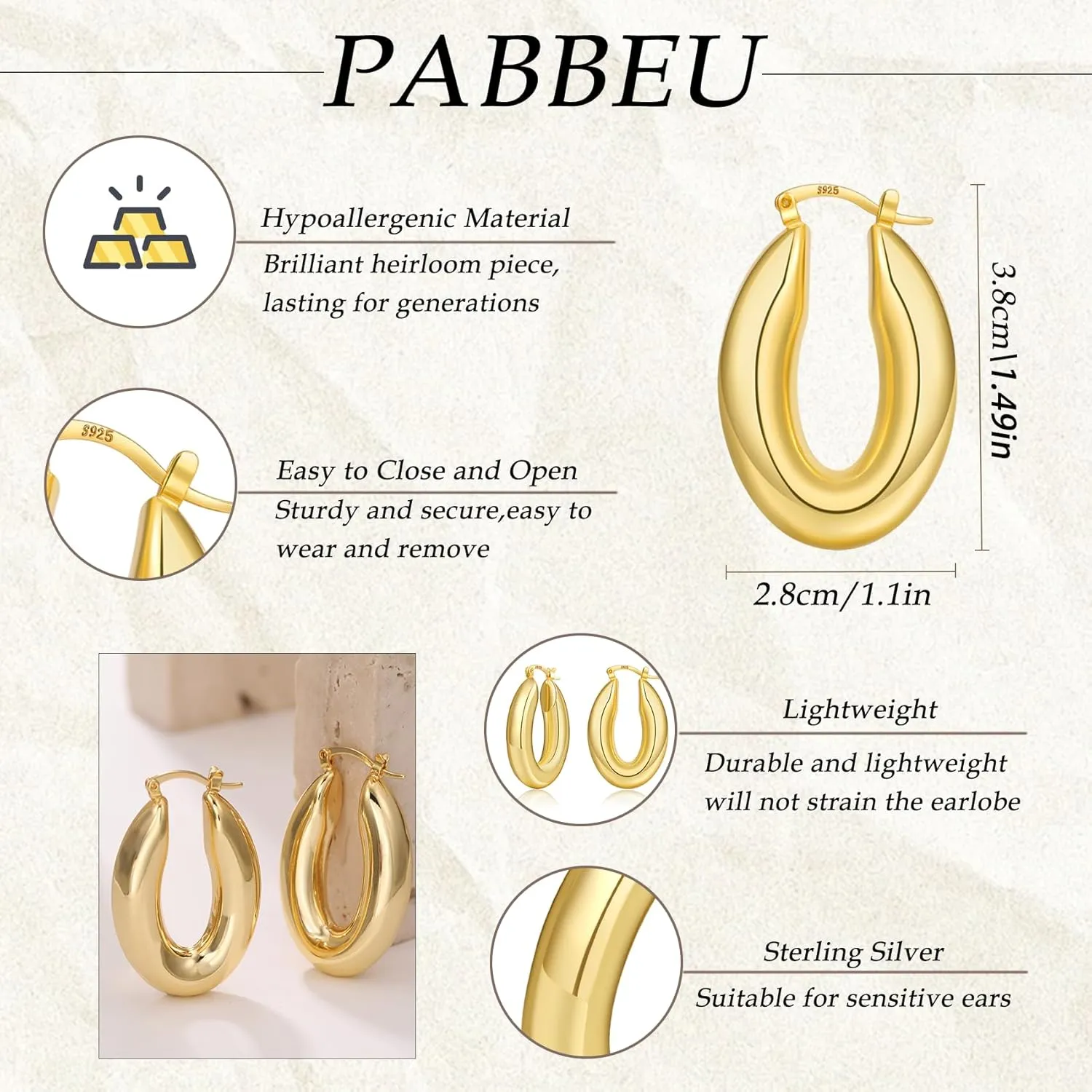 PABBEU Chunky Silver Hoops Earrings for Women, Hypoallergenic Lightweight 925 Sterling Silver Oval Hoop Earring, Sterling Silver Thick Hoop Earrings for Women 30/40/50mm