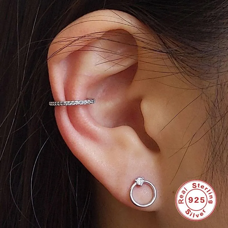 Pair Of 925 Sterling Silver Circle With White CZ Gem Minimal Stud Earrings
