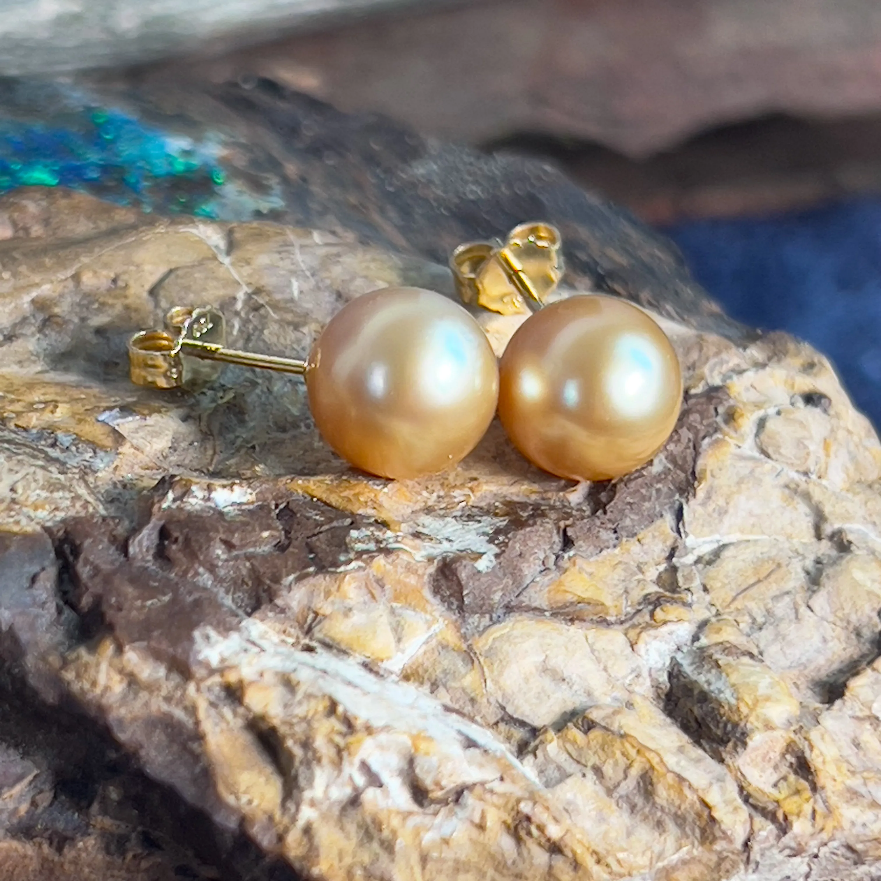 Pair of South Sea Golden pearl 9-10mm studs with 18kt Yellow Gold studs