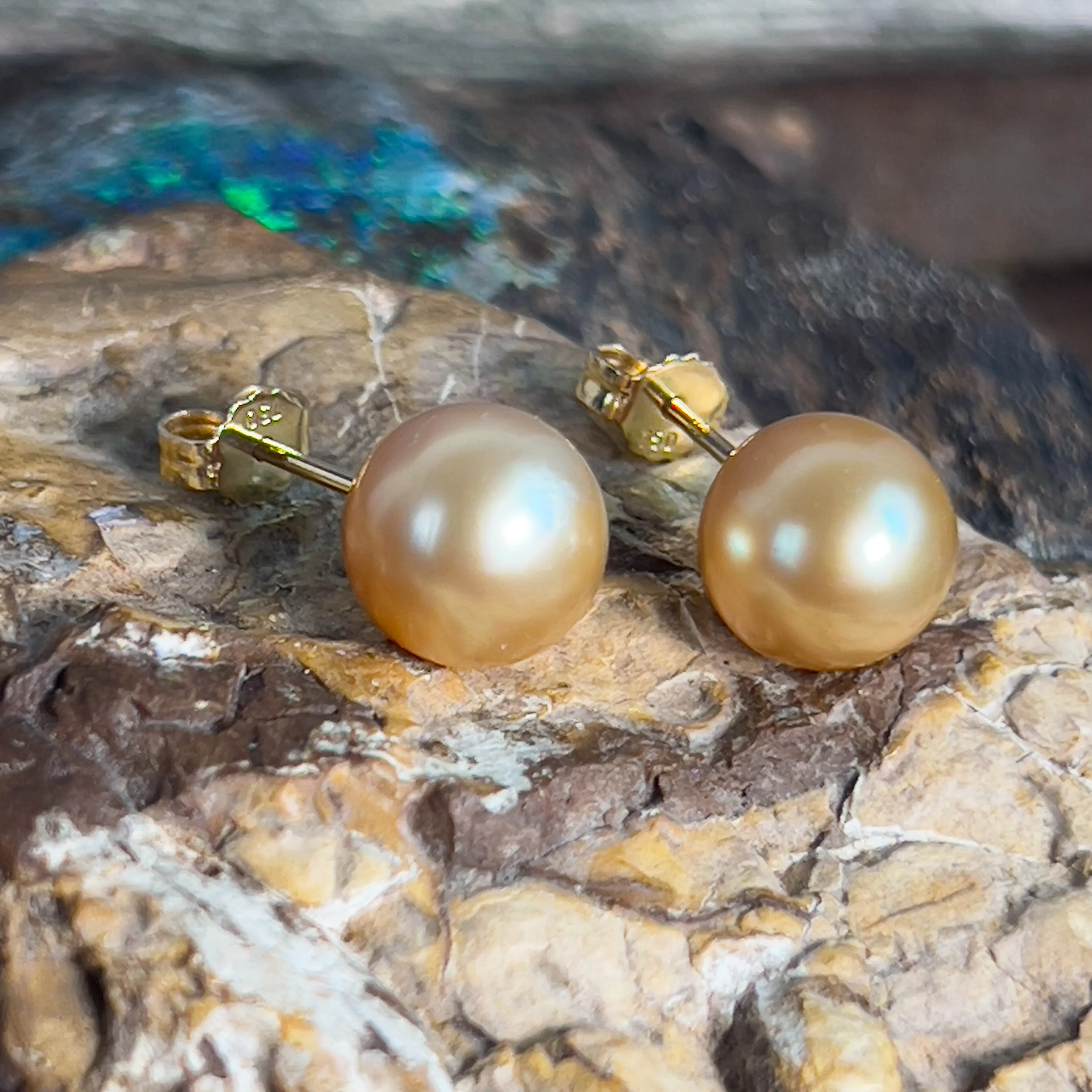 Pair of South Sea Golden pearl 9-10mm studs with 18kt Yellow Gold studs