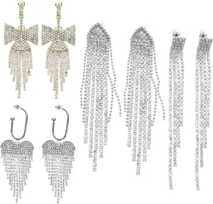 PartyKindom 4 Pairs Sparkly Rhinestone Dangle Earrings for Women of Long Tassel Earrings Fun Accessories for Weddings Parties Special Occasions Add Charm to Your Look