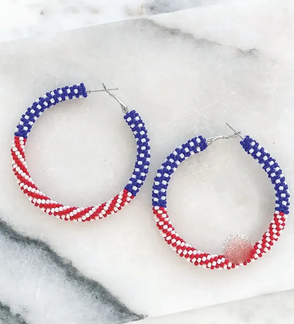 Patriotic Red, White & Blue Seed Bead Hoop Earrings