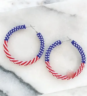 Patriotic Red, White & Blue Seed Bead Hoop Earrings