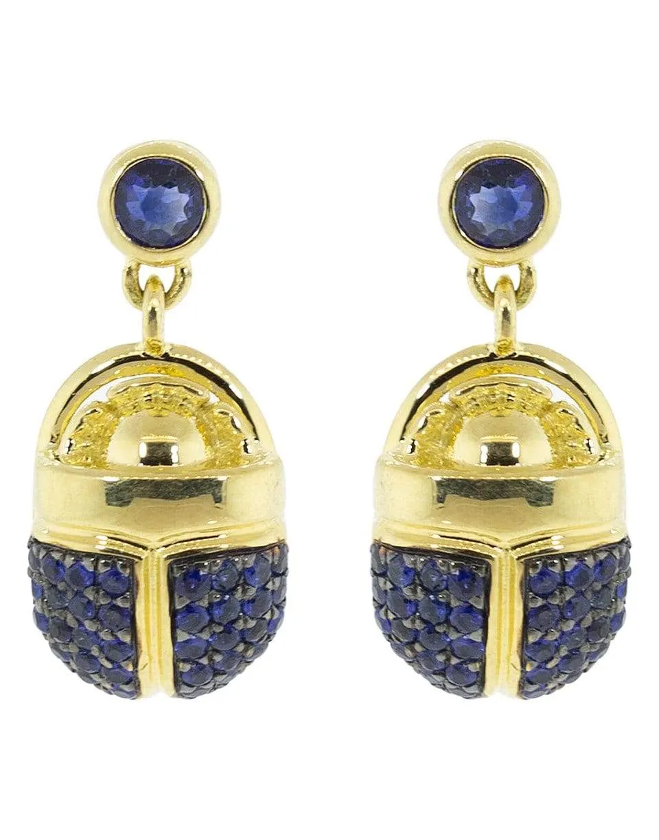 Pave Blue Sapphire Scarab Drop Earrings