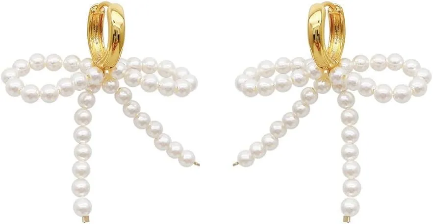 Pearl Bow Dangle Hoop Earrings for Women Post Ribbon Dangling Drop Earrings Bowtie Huggie Hoops Earrings Dainty Minimalist Ear Jewelry