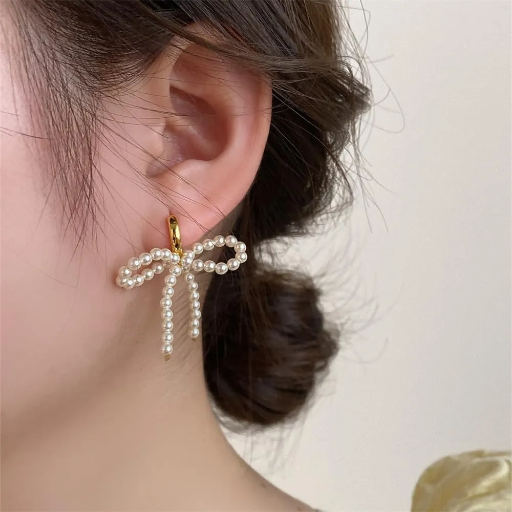 Pearl Bow Dangle Hoop Earrings for Women Post Ribbon Dangling Drop Earrings Bowtie Huggie Hoops Earrings Dainty Minimalist Ear Jewelry