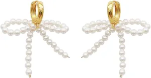 Pearl Bow Dangle Hoop Earrings for Women Post Ribbon Dangling Drop Earrings Bowtie Huggie Hoops Earrings Dainty Minimalist Ear Jewelry