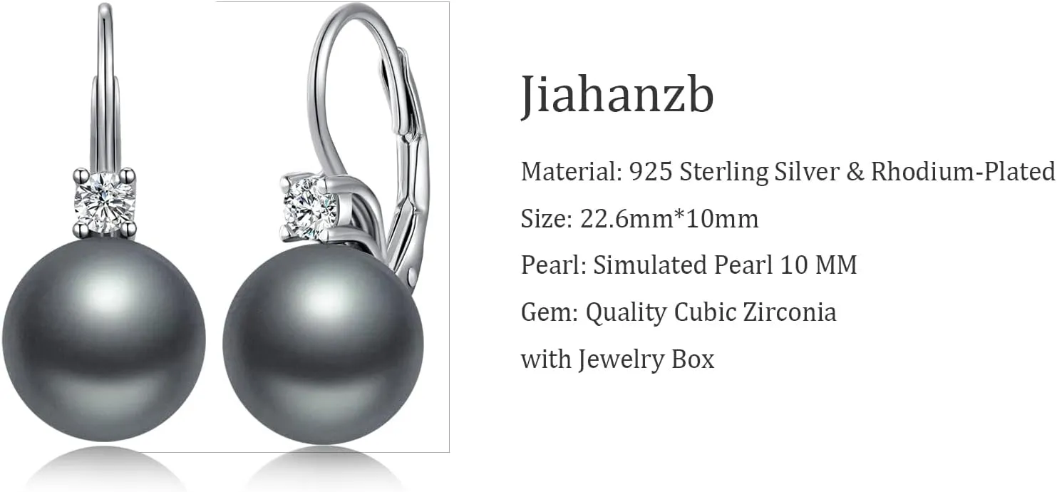 Pearl Dangle Drop Earrings for Women 925 Sterling Silver Pearl Leverback Earrings Cubic Zirconia Pearl Dangling Earrings 10MM