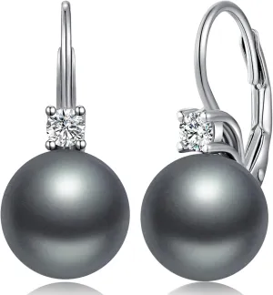 Pearl Dangle Drop Earrings for Women 925 Sterling Silver Pearl Leverback Earrings Cubic Zirconia Pearl Dangling Earrings 10MM