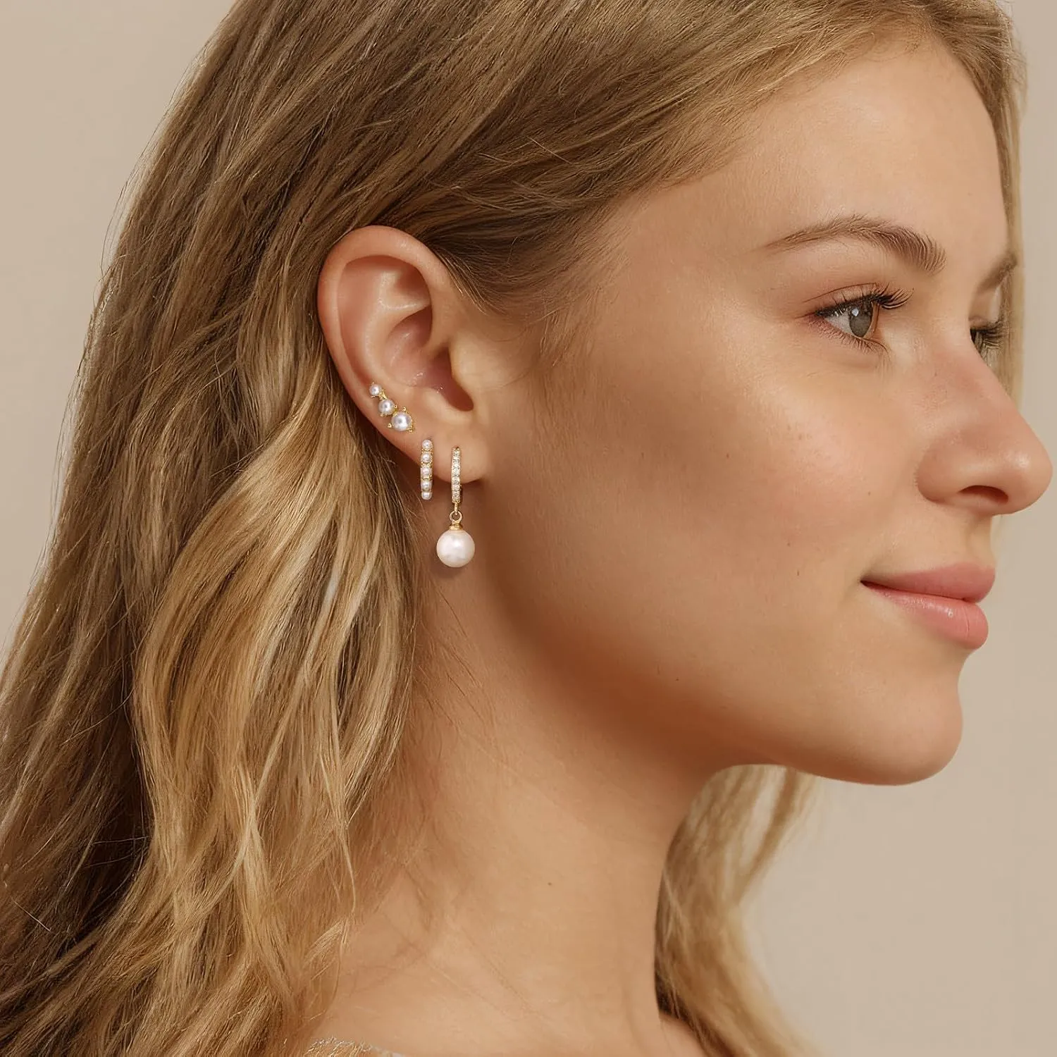 Pearl Drop Earrings For Women,14k Gold Plated Pearl Hoop Earrings Set,Cubic Zirconia Pearl Earrings Studs,Pearl Earrings For Women Dangling