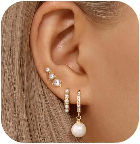 Pearl Drop Earrings For Women,14k Gold Plated Pearl Hoop Earrings Set,Cubic Zirconia Pearl Earrings Studs,Pearl Earrings For Women Dangling