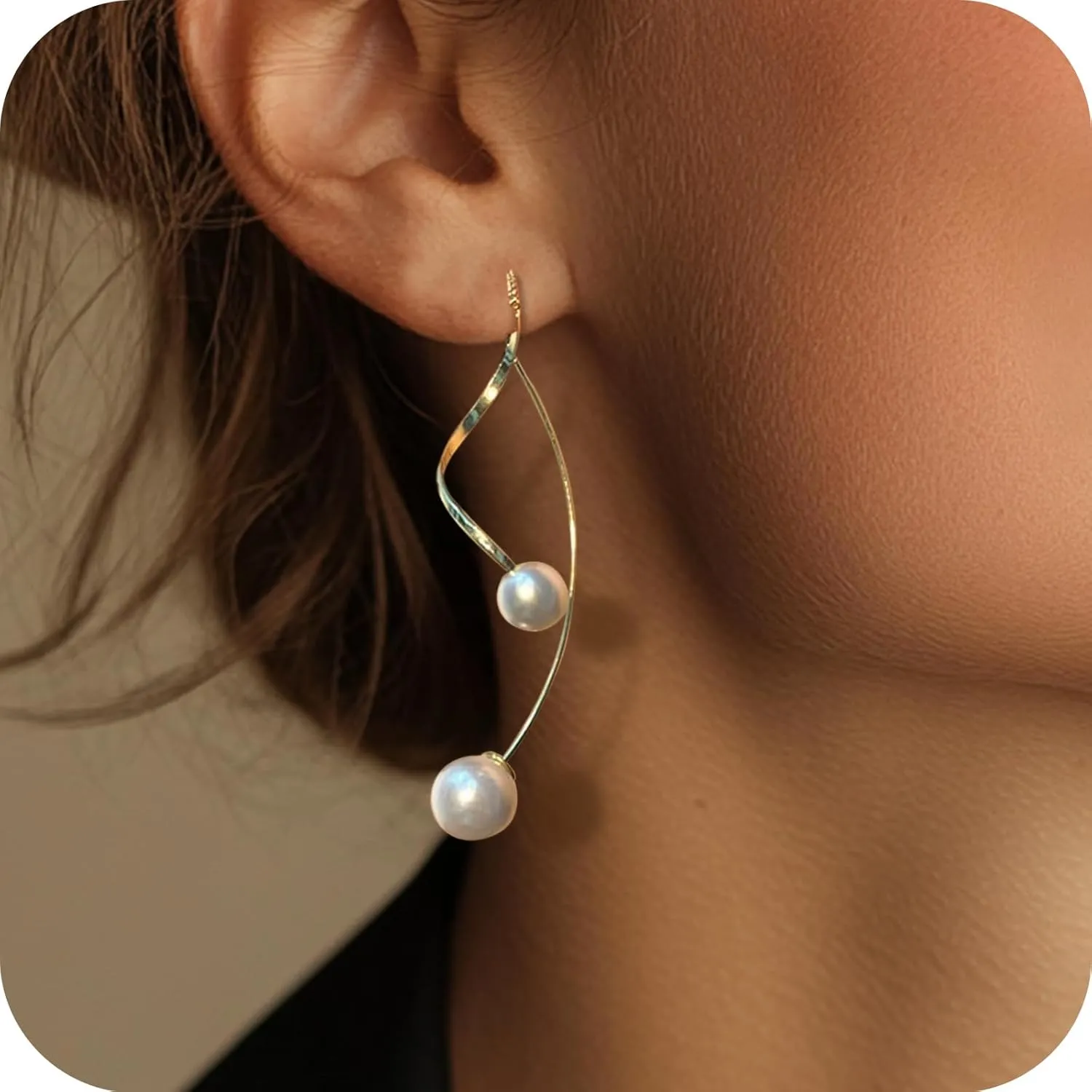 Pearl Earrings for Women, 14k Gold Spiral Threader Earrings,Lightweight Pearl Drop Dangle Earrings Statement Wedding Bridal Earrings,Perfect for birthday Party, Christmas, Gift-giving(Gold)