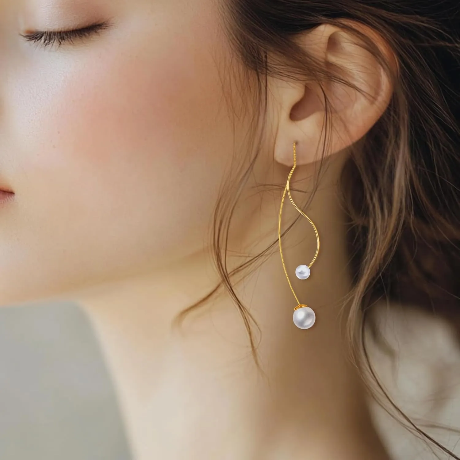 Pearl Earrings for Women, 14k Gold Spiral Threader Earrings,Lightweight Pearl Drop Dangle Earrings Statement Wedding Bridal Earrings,Perfect for birthday Party, Christmas, Gift-giving(Gold)