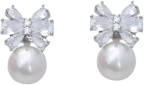 Pearl earrings for women 925 Sterling Silver Zircon Pearl Bowknot Stud Earrings for Women Minimalist Jewelry Light Luxury Accessories-T36
